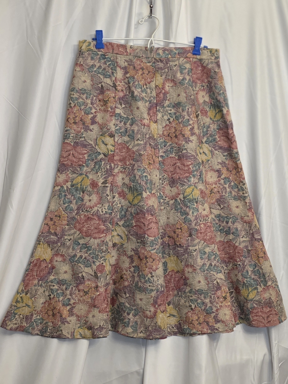 Vintage Floral A-Line Midi Linen Skirt in Watercolor pastel tones Fit & Flare 14